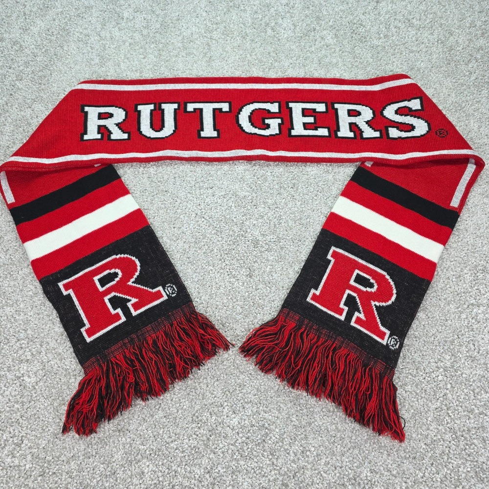 Rutgers Scarlet Knights NCAA Knit Scarf Red Black White Block R Logo Fringe